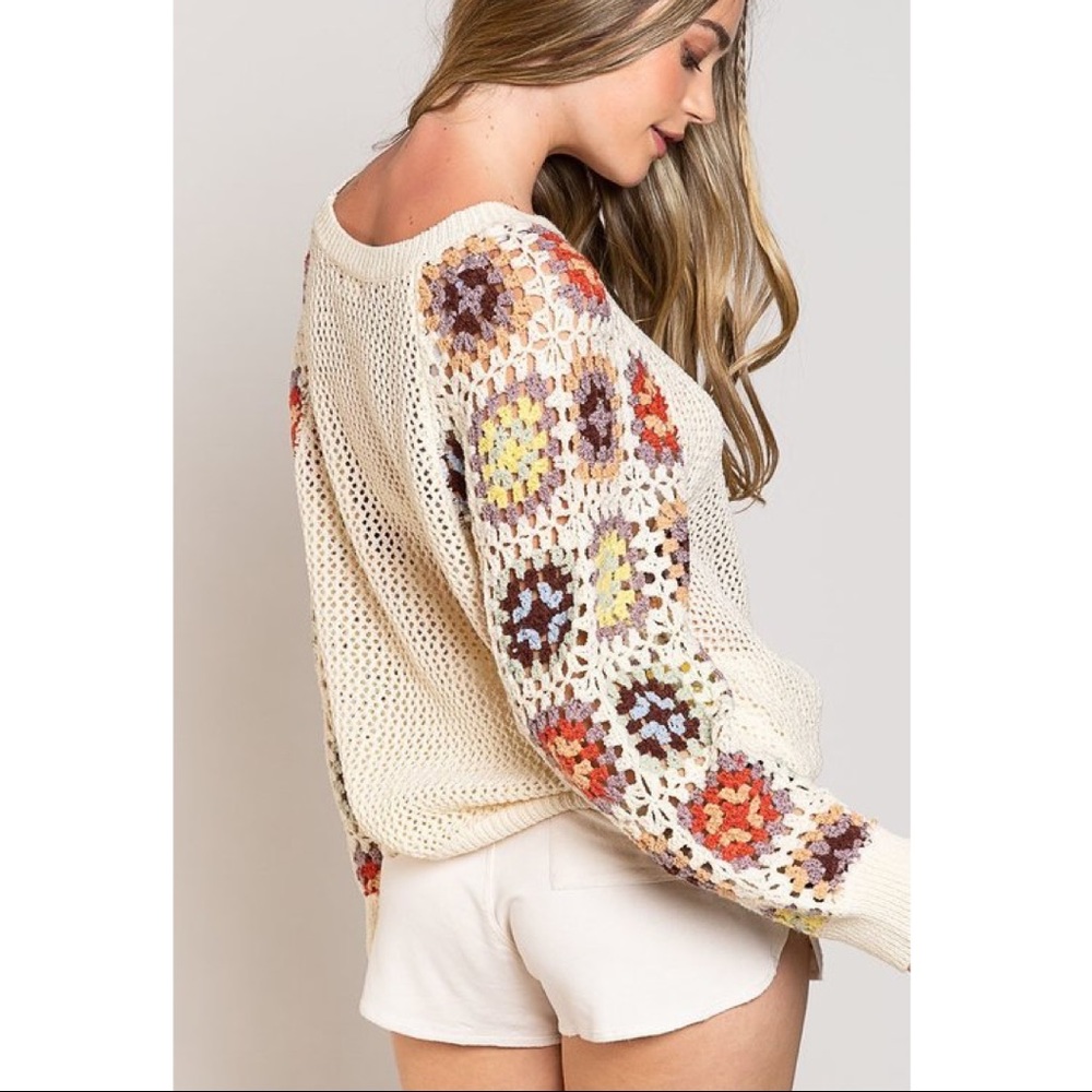 One Left! POL Round Neck Cream Thick Raglan Knit Ribbed Trim Crochet Sweater M - Picture 3 of 4